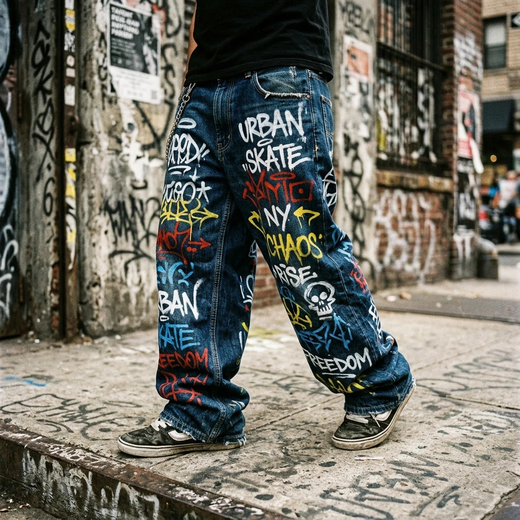Streetwear Acid Wash Stacked Baggy Jeans - Vintage Blue